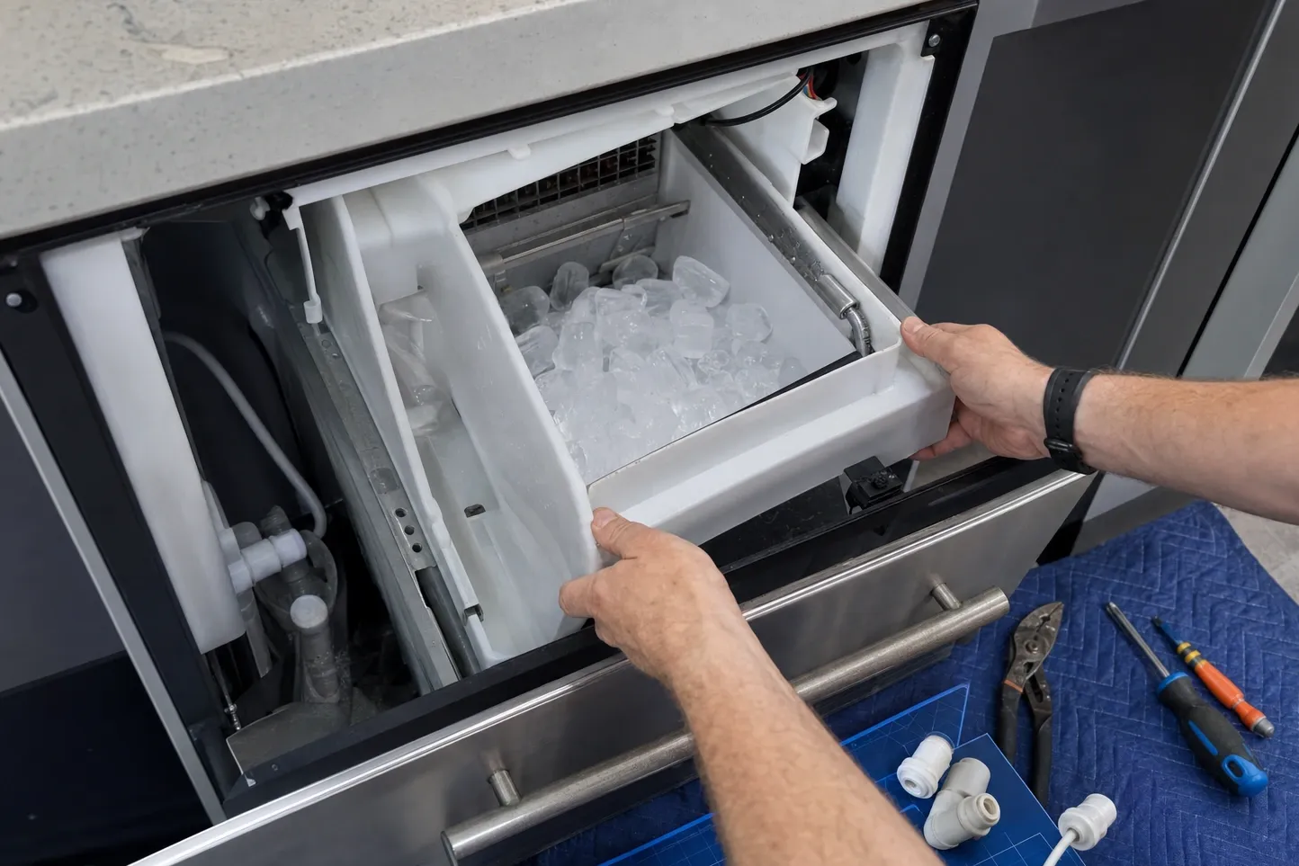 Hands lifting an ice storage bin full of clear cubes out of an undercounter ice maker, water fittings visible in the cabinet