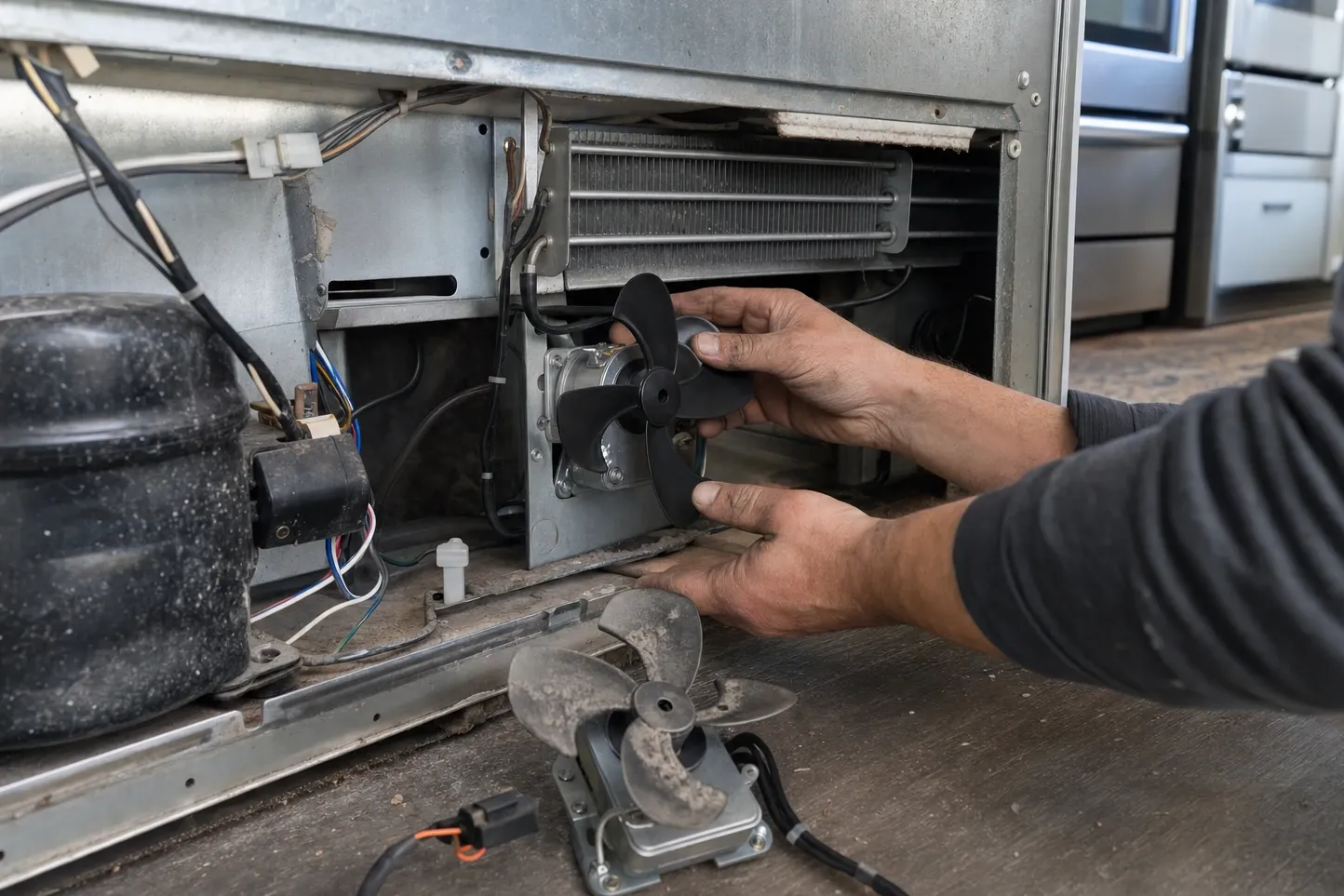 Hands fitting a black five-blade condenser fan into a machine compartment, the dust-covered original lying on the floor